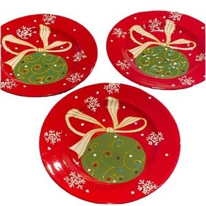 Pier 1 Festive Red and Green Holiday Plates “Decorations”. Ceramic. Set of 3.